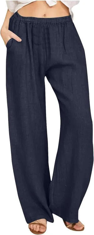 Women Summer Casual Cotton Linen Palazzo Pants Wide Leg Lounge Pant Long Trouser with Pocket Beach Vacation Outfits