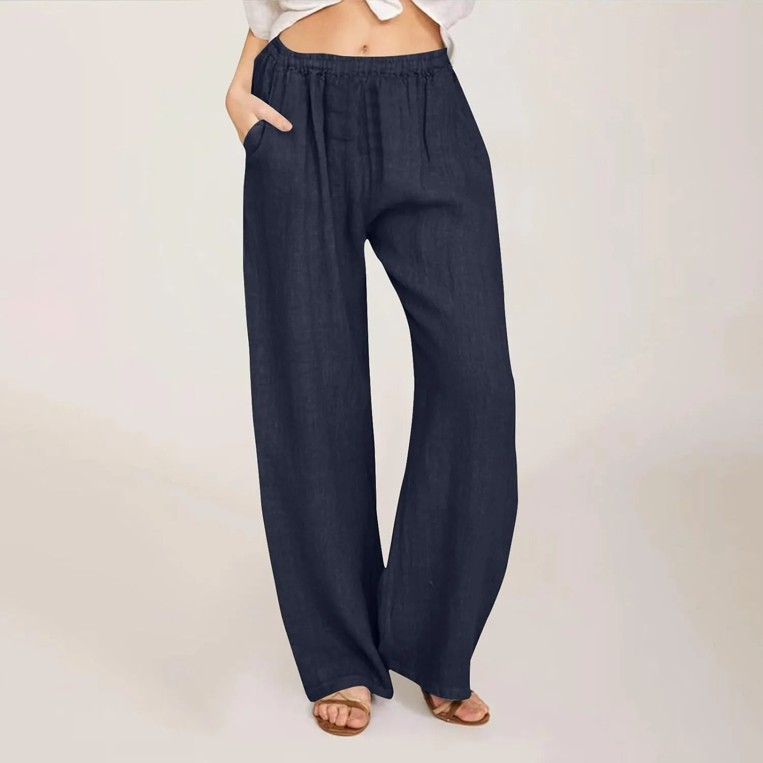 Women Summer Casual Cotton Linen Palazzo Pants Wide Leg Lounge Pant Long Trouser with Pocket Beach Vacation Outfits