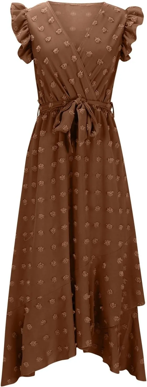Women Summer Casual Dresses Wrap V Neck Ruffle Sleeveless Split Hem Flowy Midi Dress with Belt Swiss Polka Dot