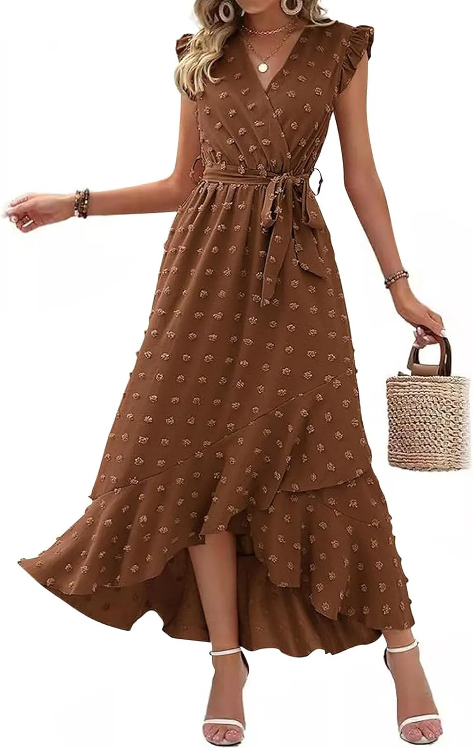 Women Summer Casual Dresses Wrap V Neck Ruffle Sleeveless Split Hem Flowy Midi Dress with Belt Swiss Polka Dot