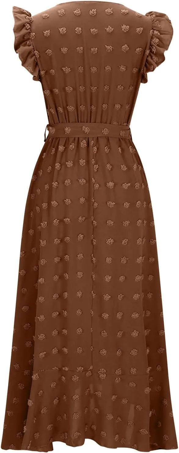 Women Summer Casual Dresses Wrap V Neck Ruffle Sleeveless Split Hem Flowy Midi Dress with Belt Swiss Polka Dot