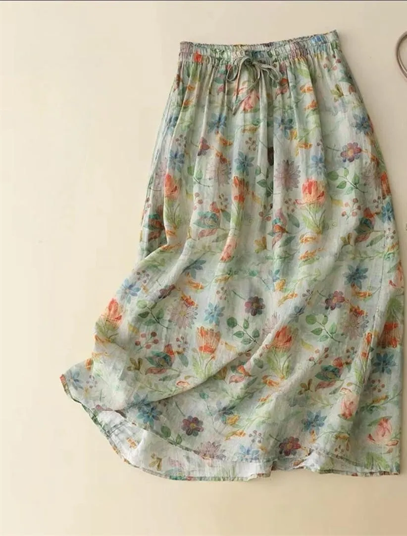 Women Summerflower Floral Loose Skirt Cotton Linen A-Line Skirts Midi Casual Skirts