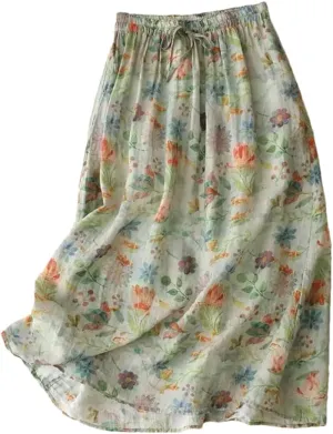 Women Summerflower Floral Loose Skirt Cotton Linen A-Line Skirts Midi Casual Skirts