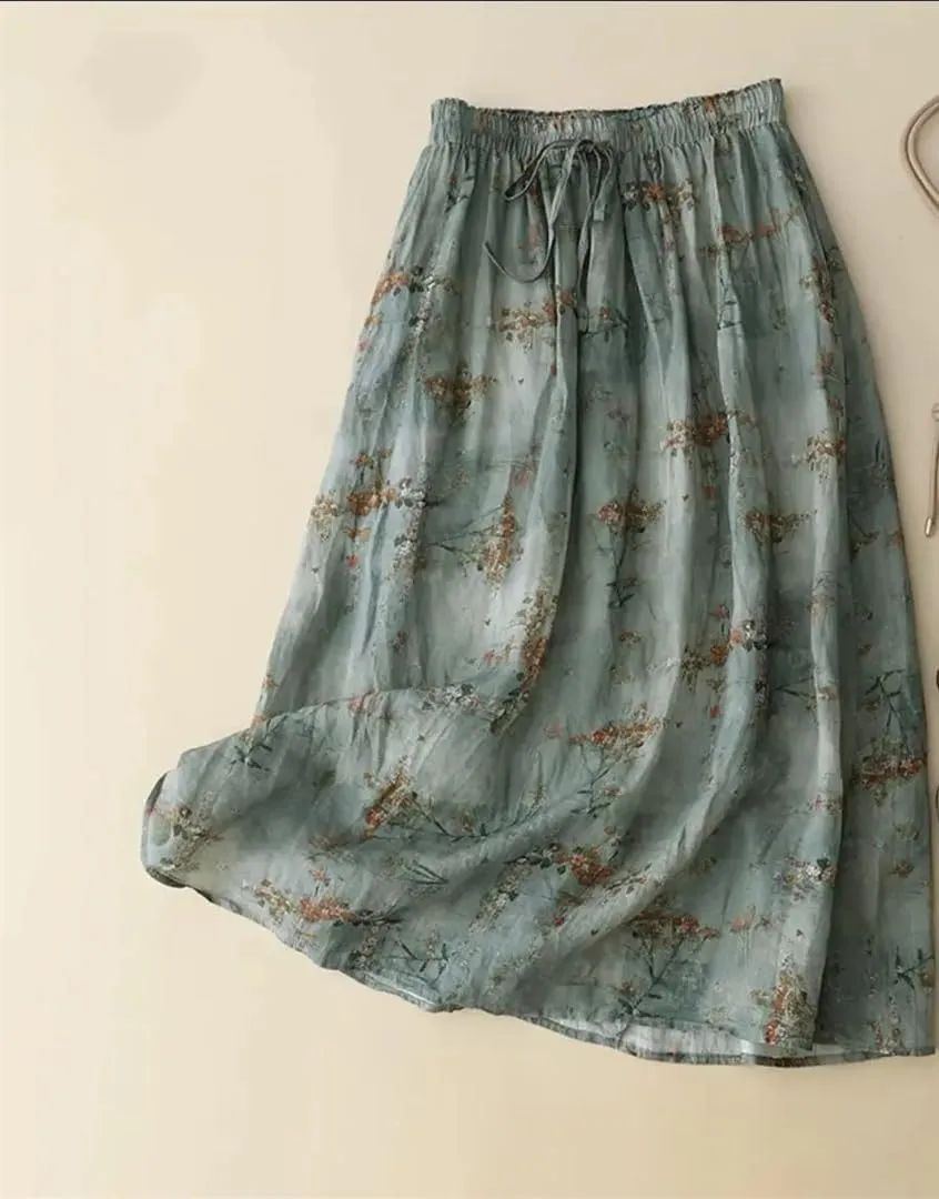 Women Summerflower Floral Loose Skirt Cotton Linen A-Line Skirts Midi Casual Skirts
