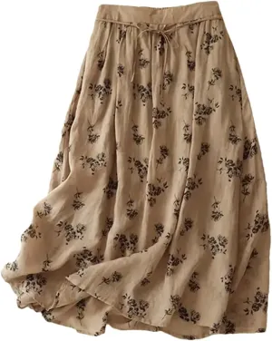 Women Vintage Floral Casual Skirt High Waist A-Line Loose Fit Long Skirts