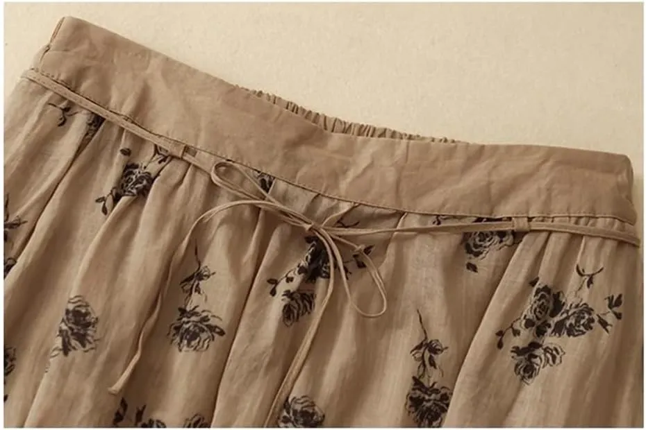 Women Vintage Floral Casual Skirt High Waist A-Line Loose Fit Long Skirts