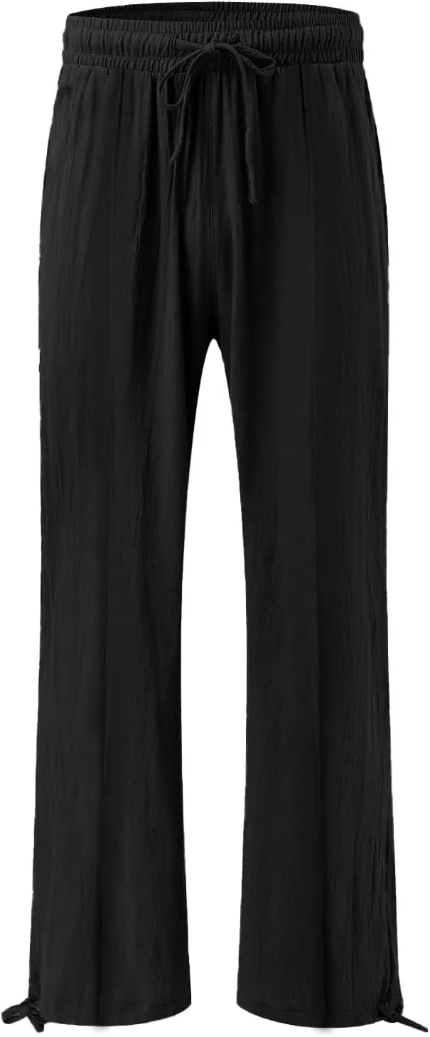 Women Wide Leg Palazzo Pants Summer Drawstring High Waist Flowy Casual Trousers Lounge Loose Beach Outfits Clothes
