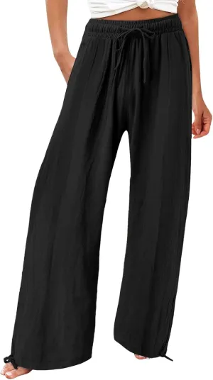 Women Wide Leg Palazzo Pants Summer Drawstring High Waist Flowy Casual Trousers Lounge Loose Beach Outfits Clothes