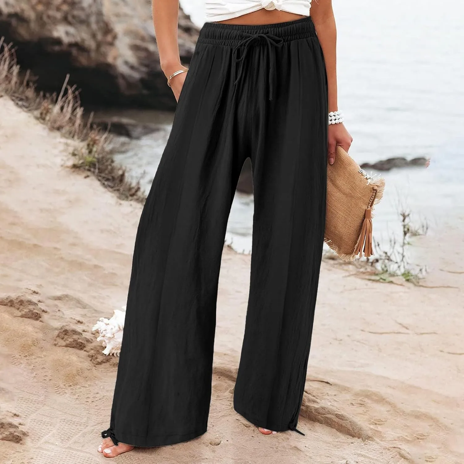 Women Wide Leg Palazzo Pants Summer Drawstring High Waist Flowy Casual Trousers Lounge Loose Beach Outfits Clothes