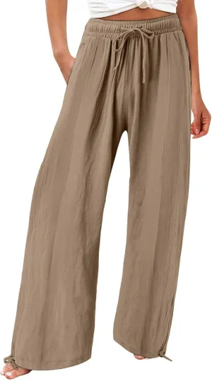 Women Wide Leg Palazzo Pants Summer Drawstring High Waist Flowy Casual Trousers Lounge Loose Beach Outfits Clothes