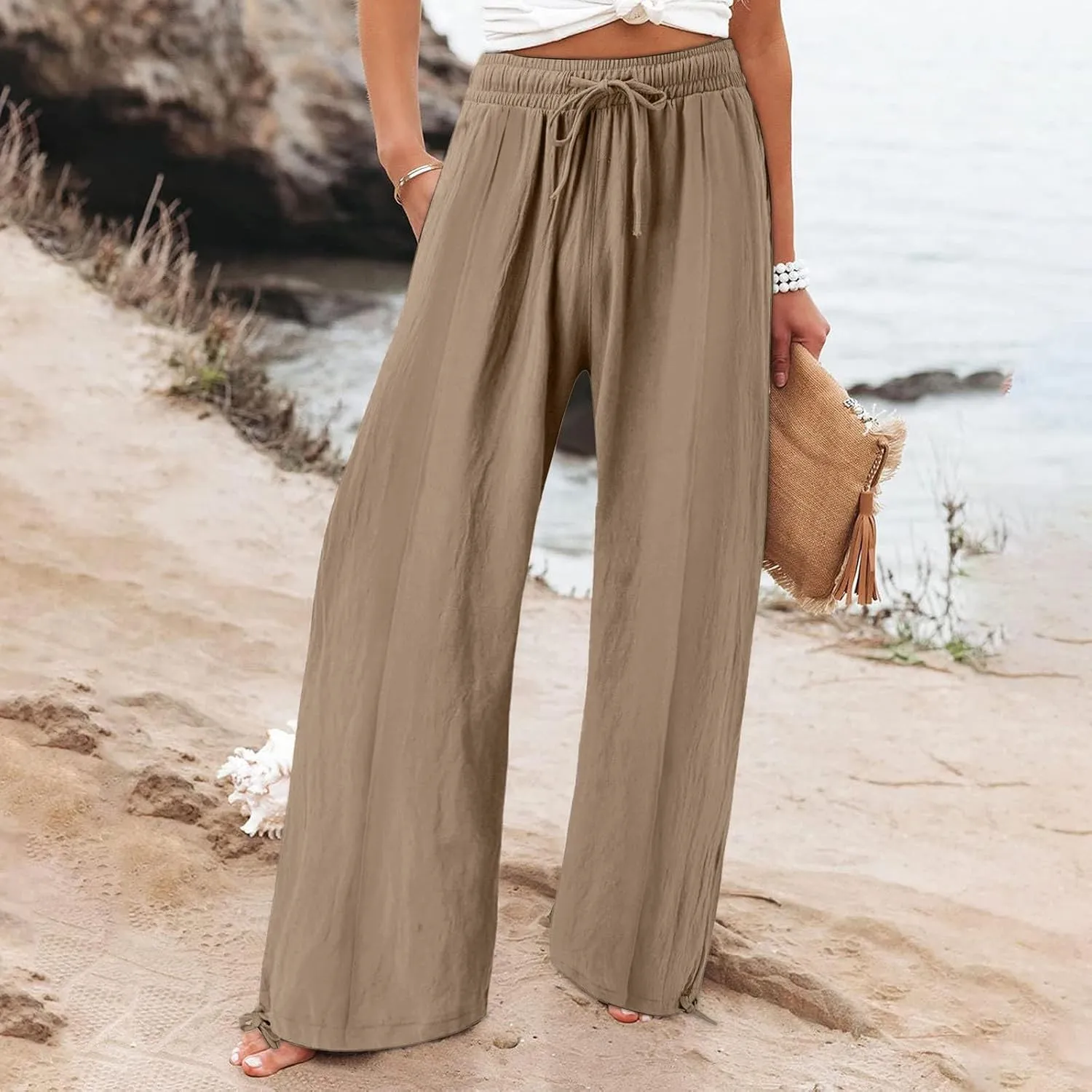 Women Wide Leg Palazzo Pants Summer Drawstring High Waist Flowy Casual Trousers Lounge Loose Beach Outfits Clothes