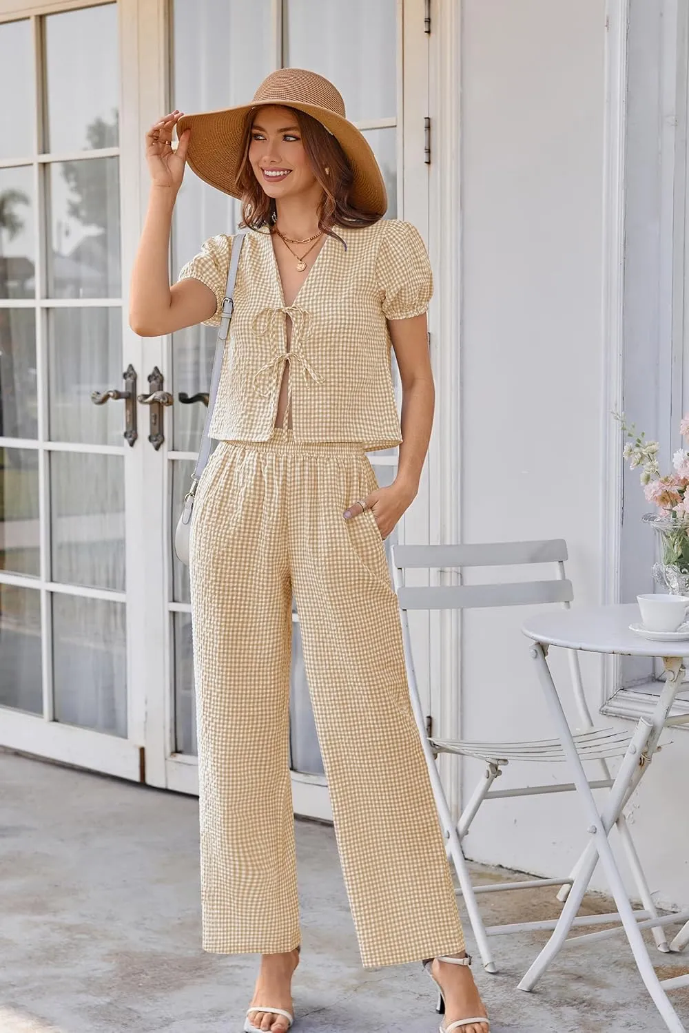 Women Y2k Gingham Sets Going Out Plaid Matching Pant Set Puff Short Sleeve Bow Tie Front Tops Pajamas Lounge Pants