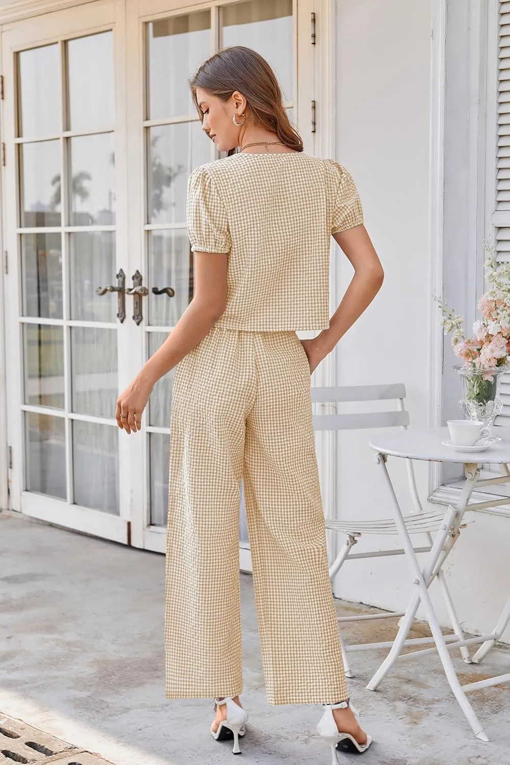 Women Y2k Gingham Sets Going Out Plaid Matching Pant Set Puff Short Sleeve Bow Tie Front Tops Pajamas Lounge Pants