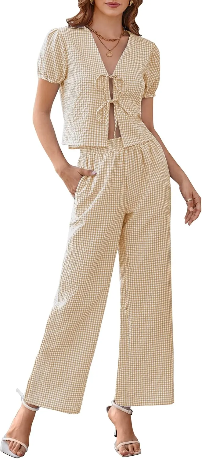 Women Y2k Gingham Sets Going Out Plaid Matching Pant Set Puff Short Sleeve Bow Tie Front Tops Pajamas Lounge Pants