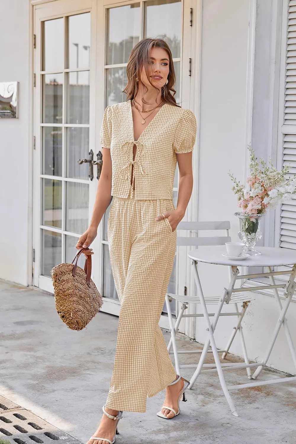 Women Y2k Gingham Sets Going Out Plaid Matching Pant Set Puff Short Sleeve Bow Tie Front Tops Pajamas Lounge Pants