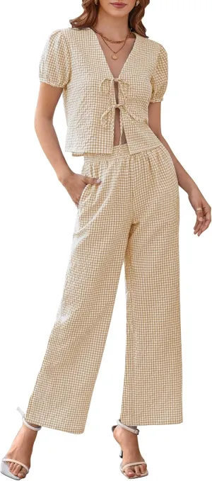 Women Y2k Gingham Sets Going Out Plaid Matching Pant Set Puff Short Sleeve Bow Tie Front Tops Pajamas Lounge Pants