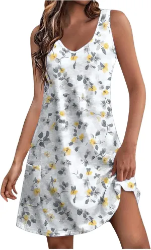 Womens 2025 Summer Sleeveless Sundress Loose Fit Casual Vintage Floral Print Boho Mini Dress V Neck Beach Tank Dress