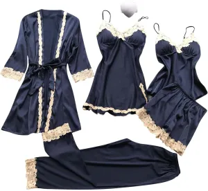 Womens 5 Pieces Pajamas Set Satin Silk Robe Floral Lace Cami Tops Shorts Pants Negligee Ladies Loungewear Sleepwear