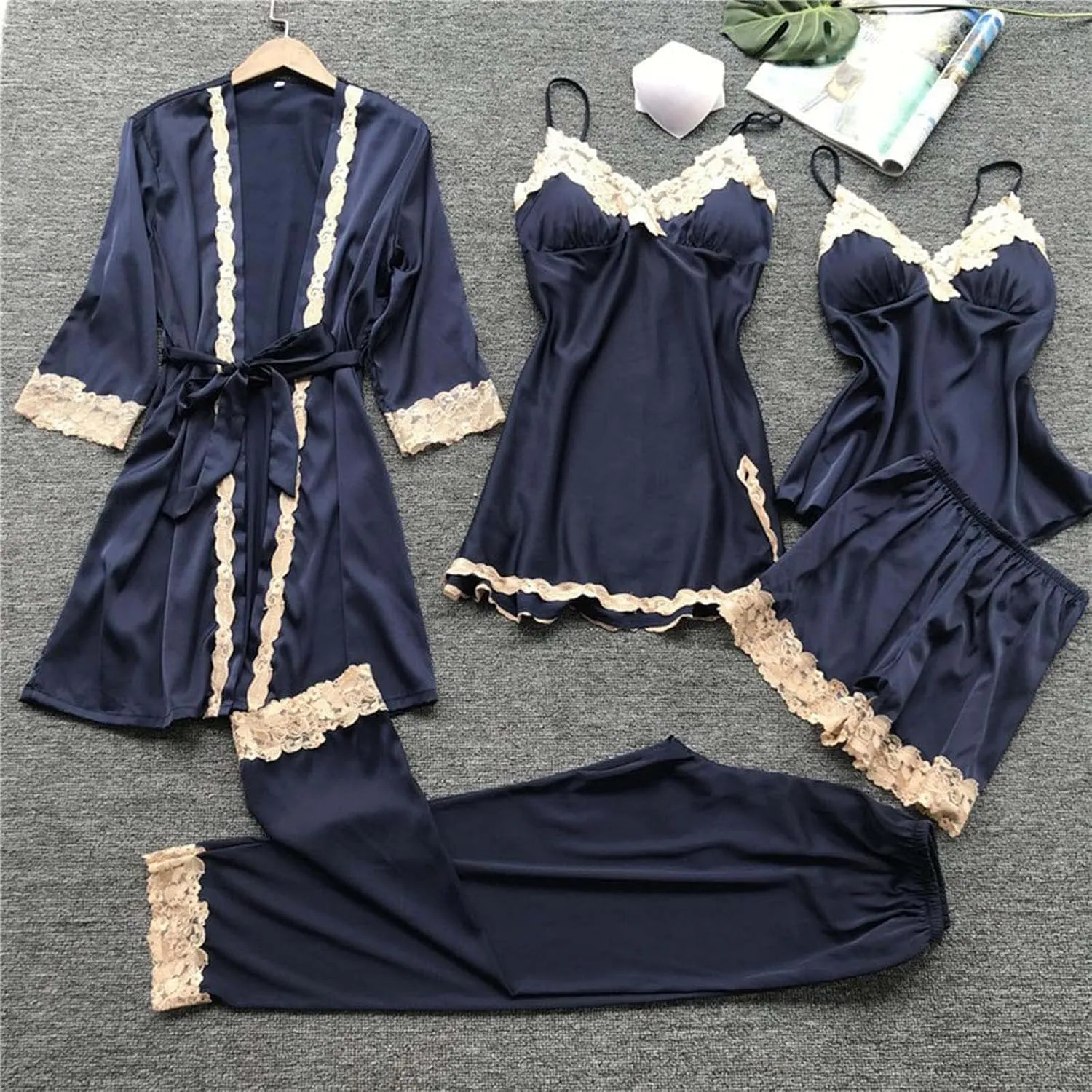 Womens 5 Pieces Pajamas Set Satin Silk Robe Floral Lace Cami Tops Shorts Pants Negligee Ladies Loungewear Sleepwear