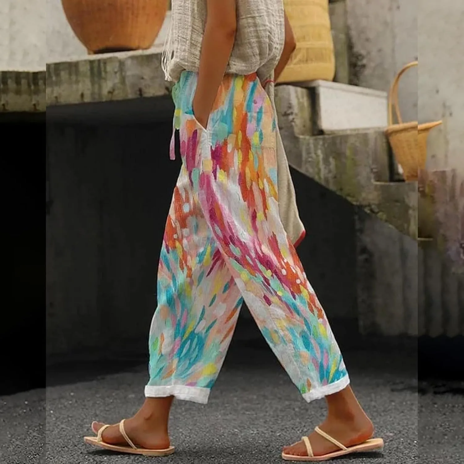 Women's Boho Floral Linen Pants Casual Elastic High Waisted Wide Leg Summer Beach Trousers with Pockets Plus Size