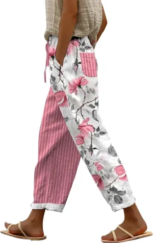 Women's Boho Floral Linen Pants Casual Elastic High Waisted Wide Leg Summer Beach Trousers with Pockets Plus Size
