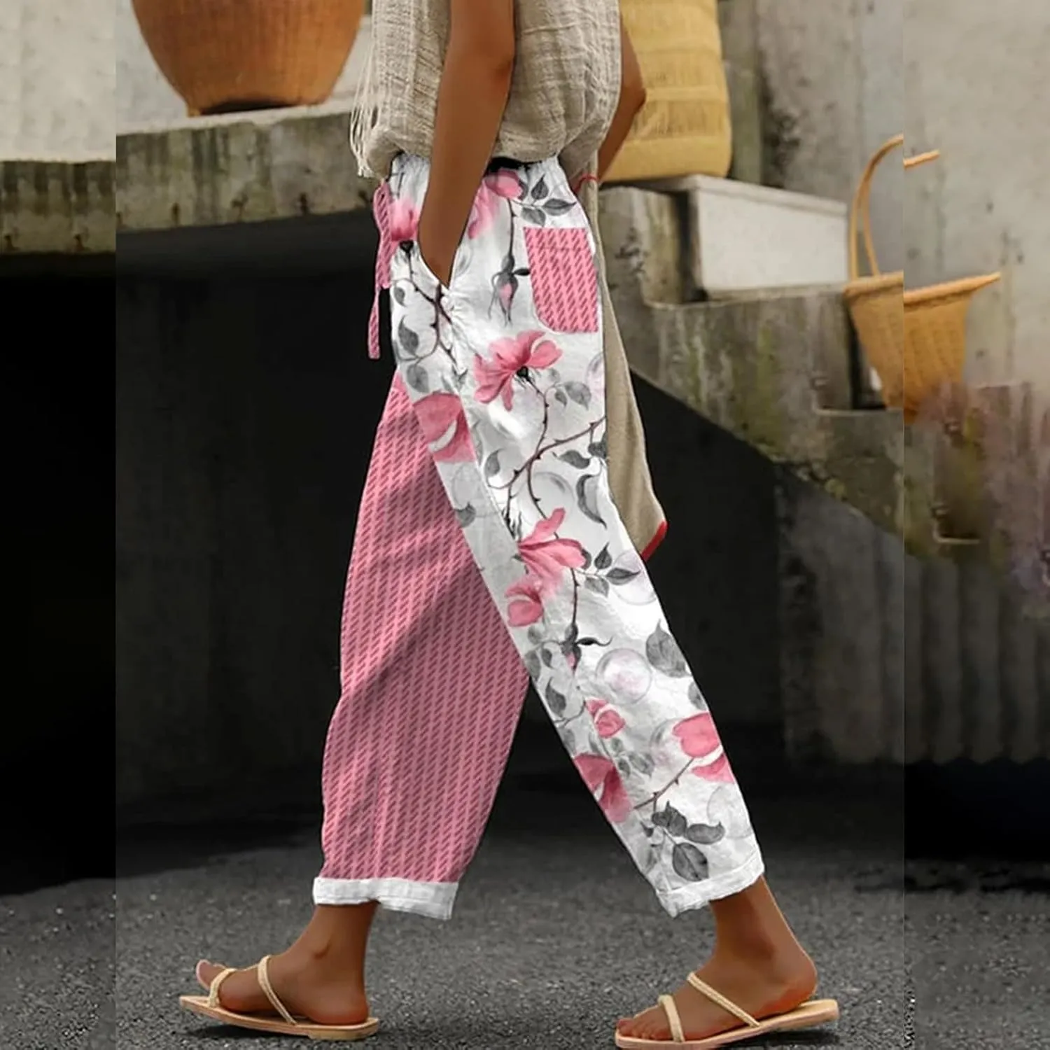 Women's Boho Floral Linen Pants Casual Elastic High Waisted Wide Leg Summer Beach Trousers with Pockets Plus Size