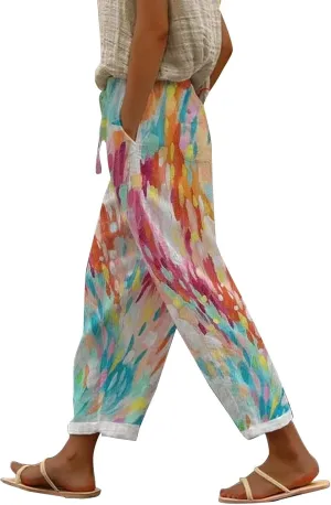 Women's Boho Floral Linen Pants Casual Elastic High Waisted Wide Leg Summer Beach Trousers with Pockets Plus Size