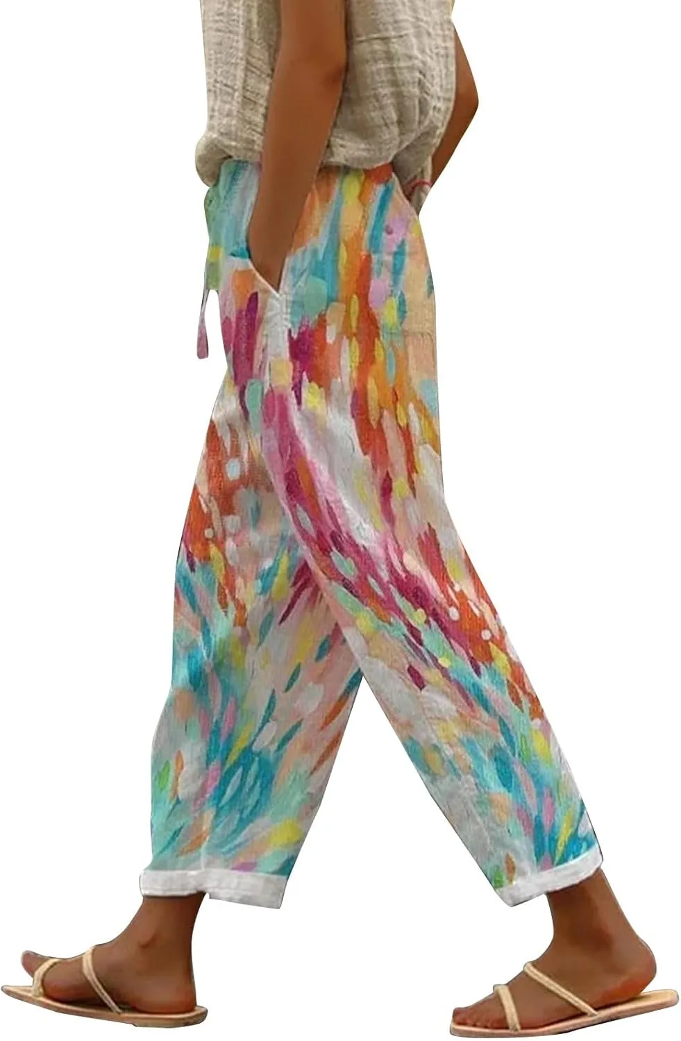 Women's Boho Floral Linen Pants Casual Elastic High Waisted Wide Leg Summer Beach Trousers with Pockets Plus Size