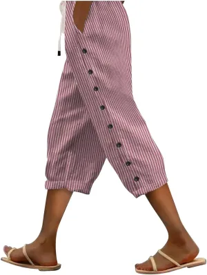 Women's Capri Lounge Pants - 2025 Summer Cotton Linen Wide Leg Trousers, Elastic Waist with Pockets