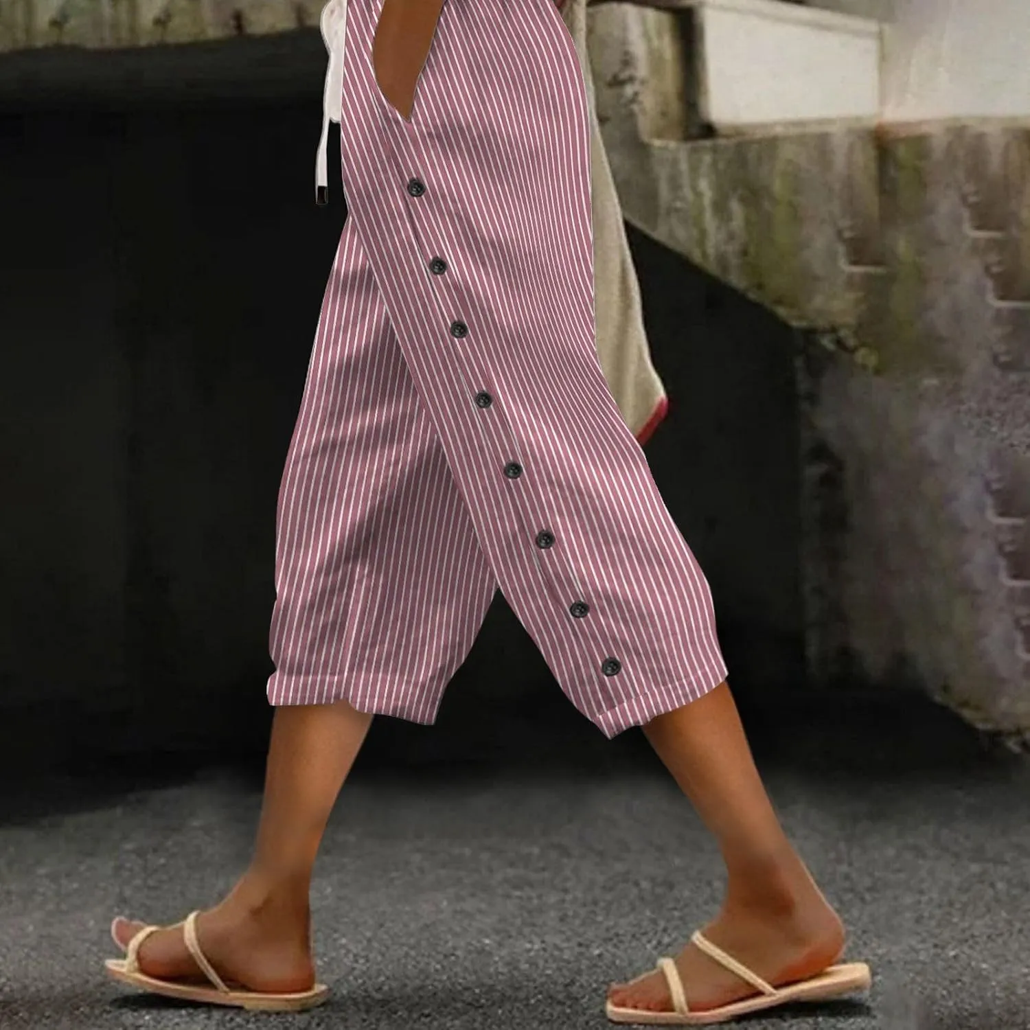 Women's Capri Lounge Pants - 2025 Summer Cotton Linen Wide Leg Trousers, Elastic Waist with Pockets