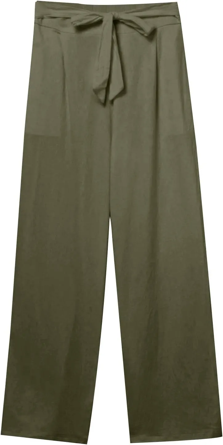 Womens Casual Cotton Linen Pants Elastic High Waist Drawstring Loose Fit Summer Pants Slacks Trousers with Pockets
