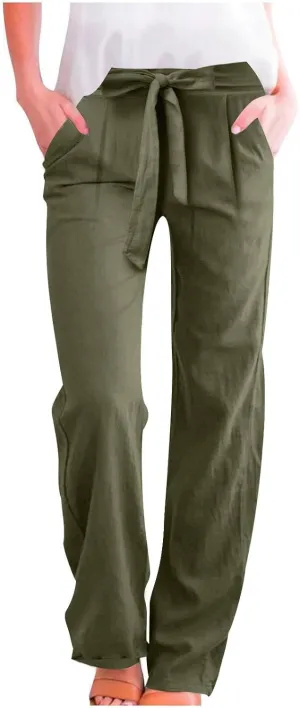 Womens Casual Cotton Linen Pants Elastic High Waist Drawstring Loose Fit Summer Pants Slacks Trousers with Pockets