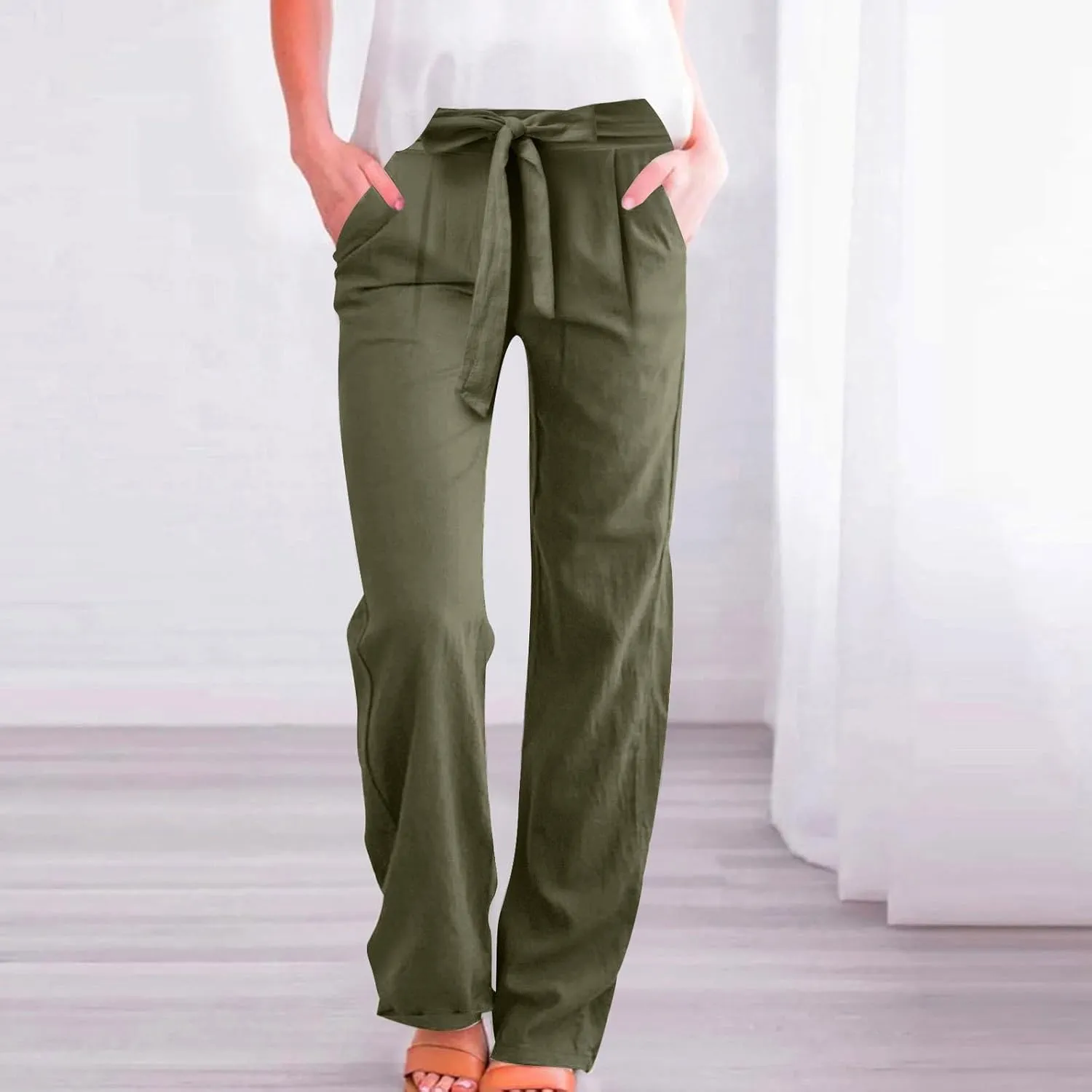 Womens Casual Cotton Linen Pants Elastic High Waist Drawstring Loose Fit Summer Pants Slacks Trousers with Pockets