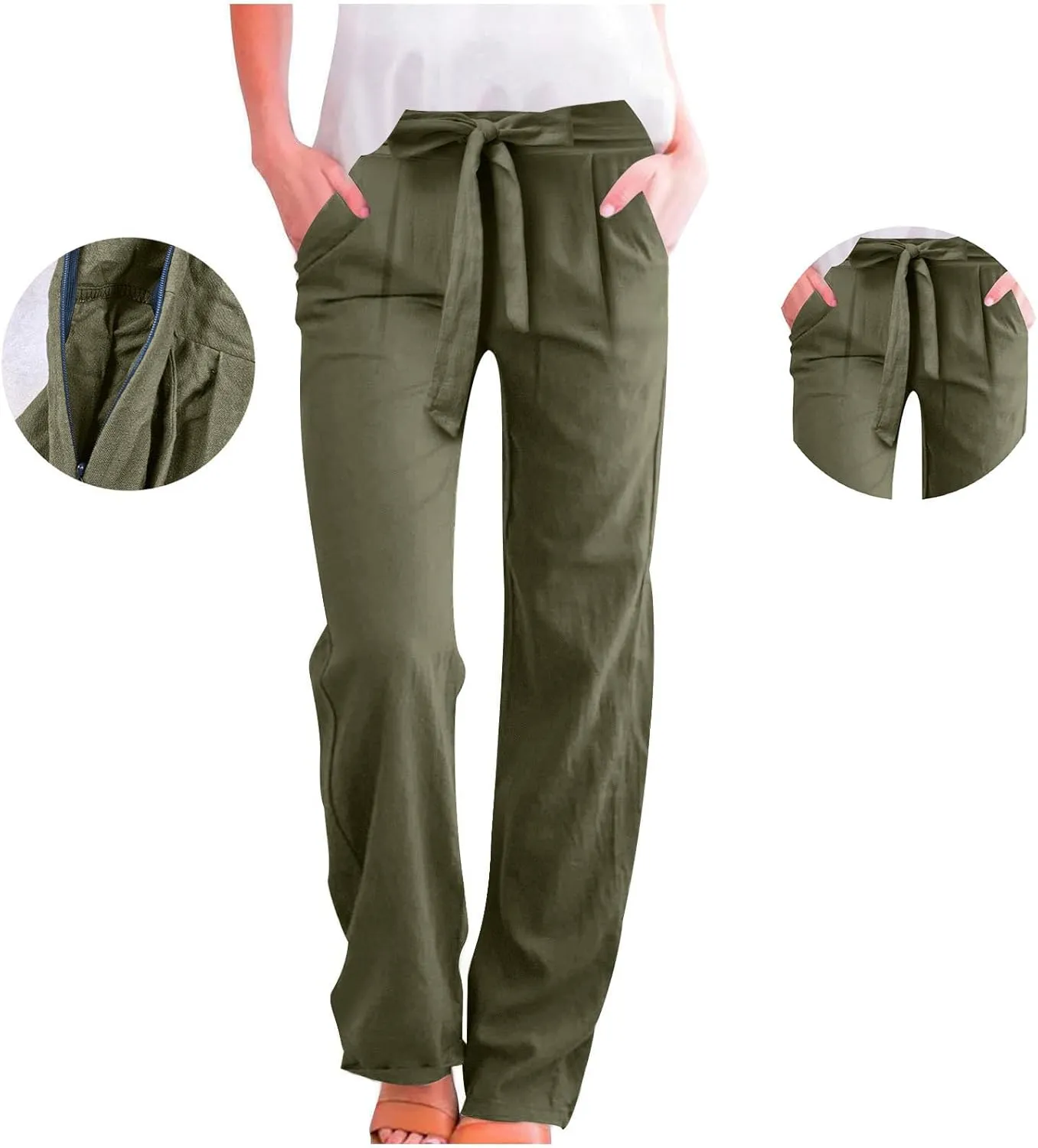 Womens Casual Cotton Linen Pants Elastic High Waist Drawstring Loose Fit Summer Pants Slacks Trousers with Pockets