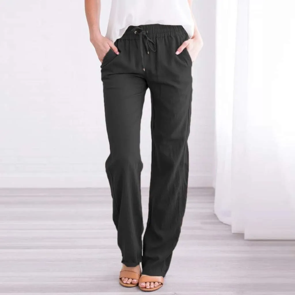 Womens Casual Cotton Linen Pants Lightweight Summer Lounge Pants Elastic Waist Plus Size Long Trousers with Pockets