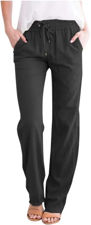 Womens Casual Cotton Linen Pants Lightweight Summer Lounge Pants Elastic Waist Plus Size Long Trousers with Pockets