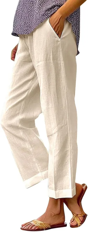 Womens Casual Cotton Linen Pants Lightweight Summer Relax Fit Elastic Waist Plus Size Solid Lounge Long Trousers