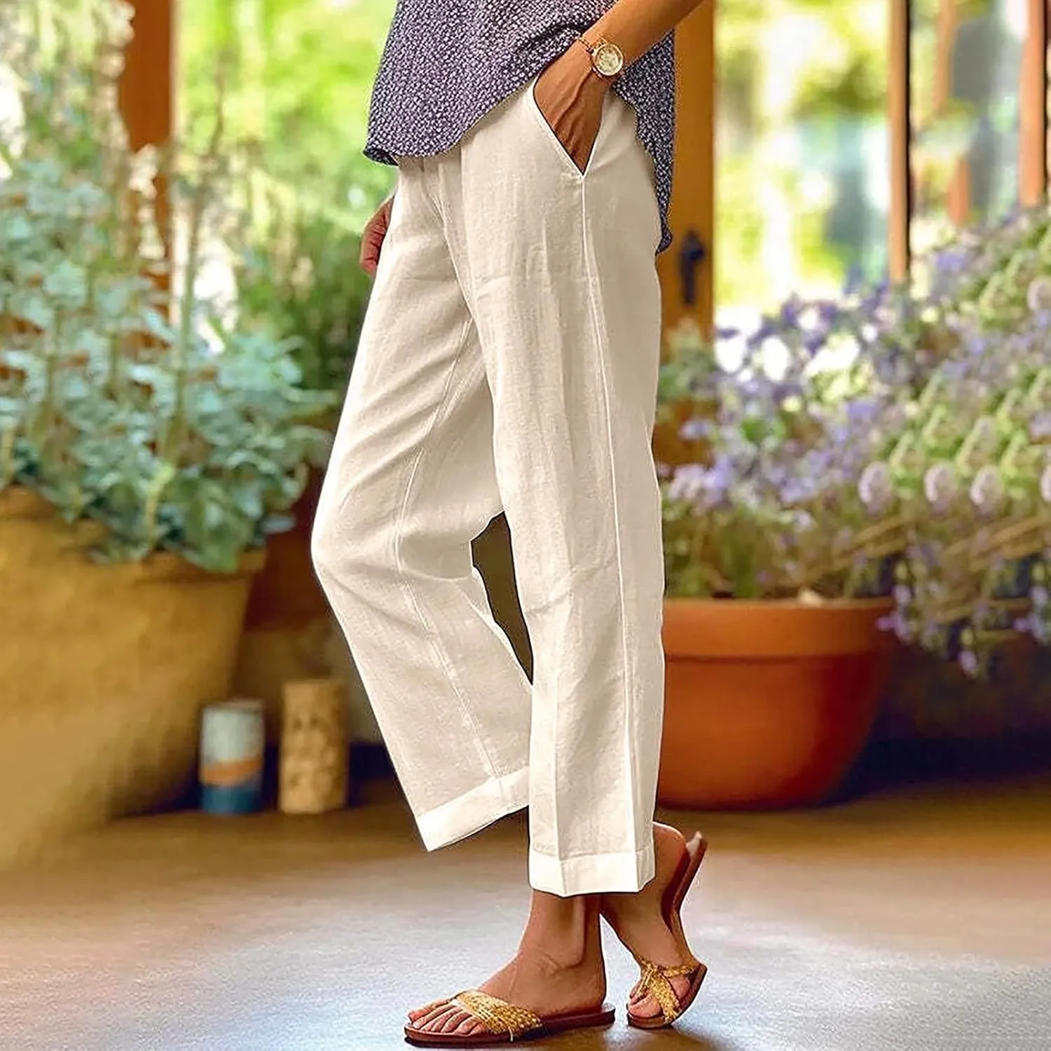 Womens Casual Cotton Linen Pants Lightweight Summer Relax Fit Elastic Waist Plus Size Solid Lounge Long Trousers