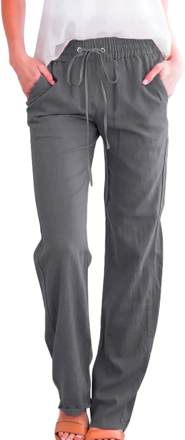 Women's Casual Cotton Linen Pants Summer Relax Fit Elastic Waist Straight Leg Comfy Solid Color Lounge Long Trouser