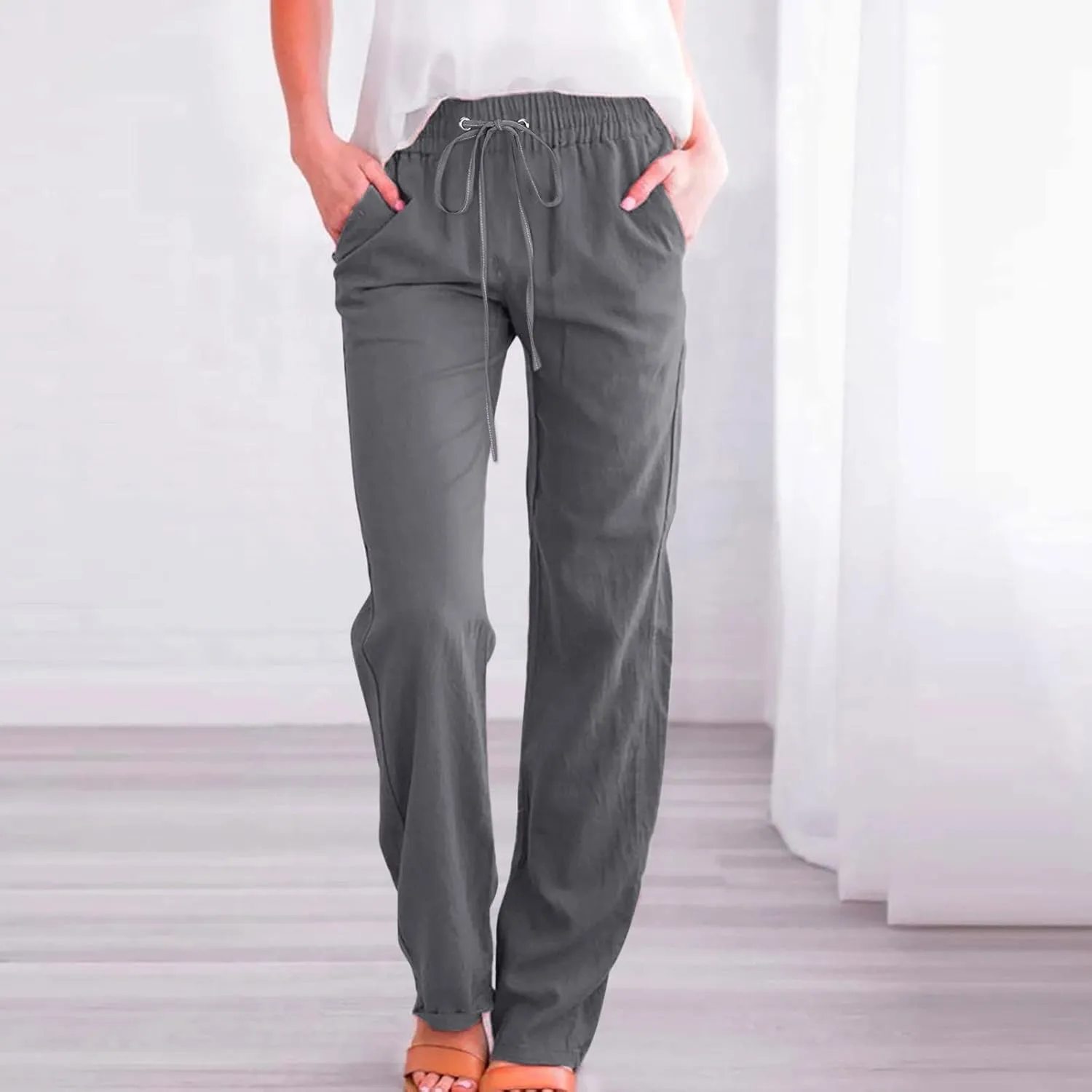 Women's Casual Cotton Linen Pants Summer Relax Fit Elastic Waist Straight Leg Comfy Solid Color Lounge Long Trouser