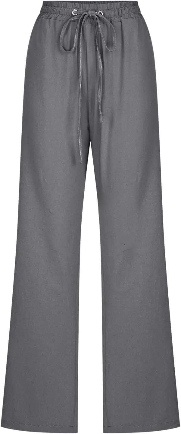 Women's Casual Cotton Linen Pants Summer Relax Fit Elastic Waist Straight Leg Comfy Solid Color Lounge Long Trouser