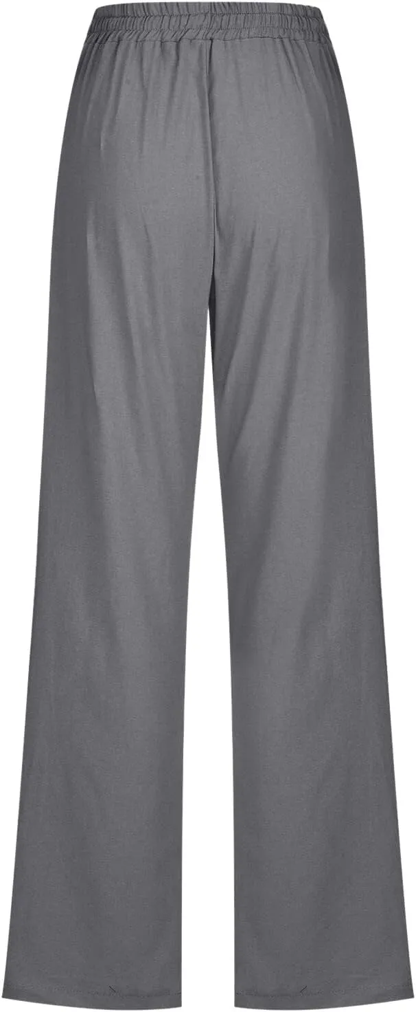 Women's Casual Cotton Linen Pants Summer Relax Fit Elastic Waist Straight Leg Comfy Solid Color Lounge Long Trouser