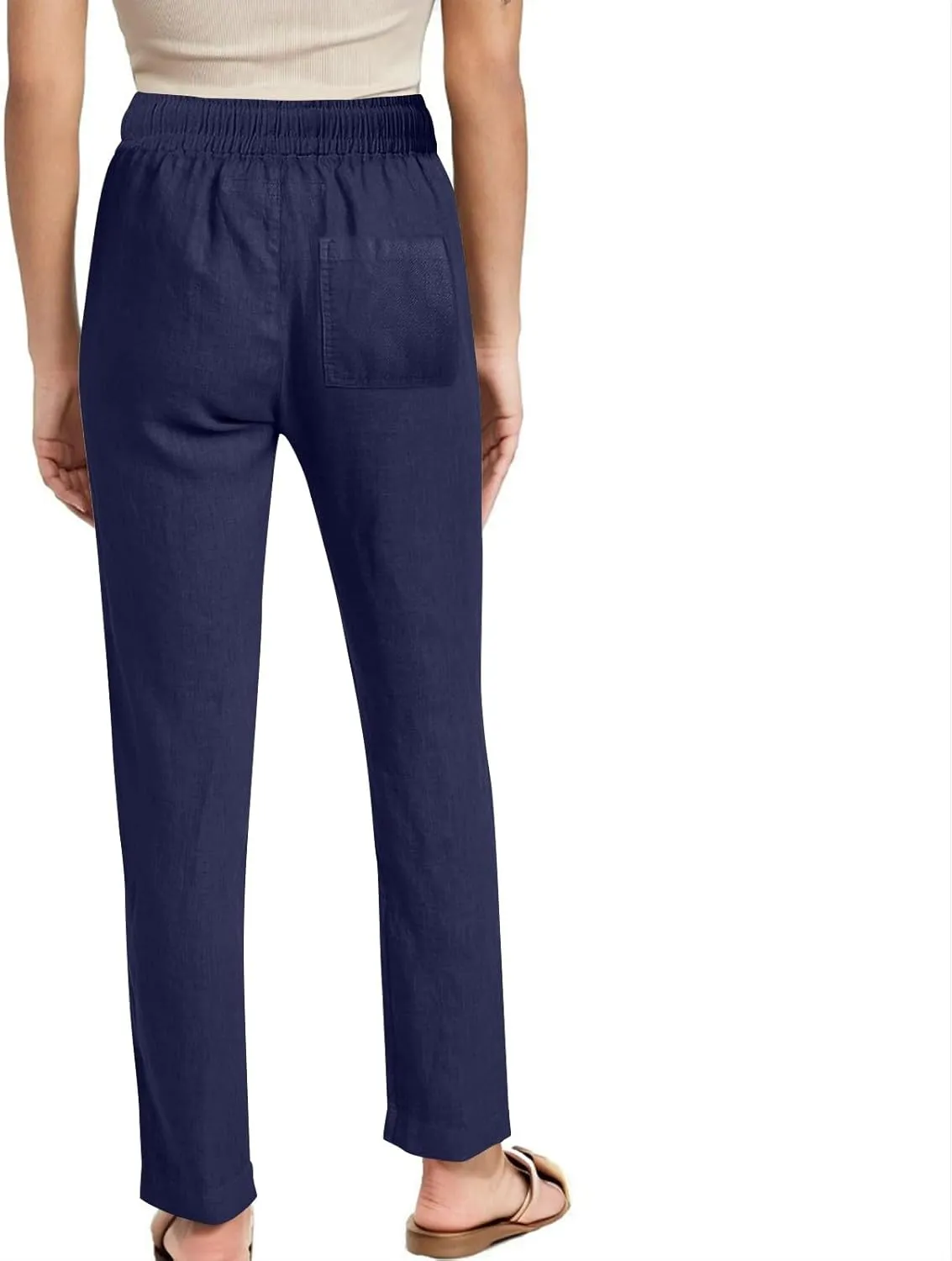 Womens Casual Linen High Waist Pants Drawstring Loose Fit Summer Slacks Solid Lounge Trousers with Side Pockets