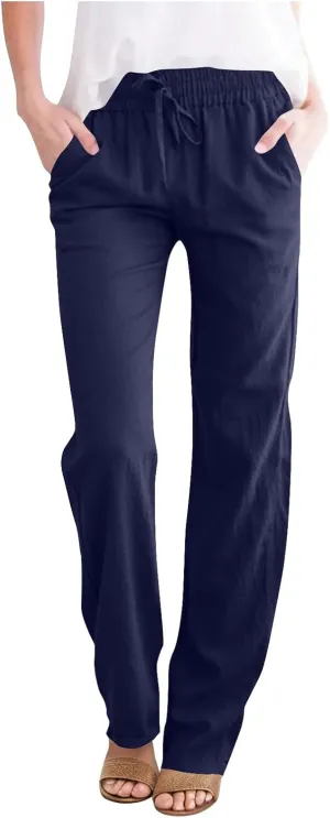 Womens Casual Linen High Waist Pants Drawstring Loose Fit Summer Slacks Solid Lounge Trousers with Side Pockets