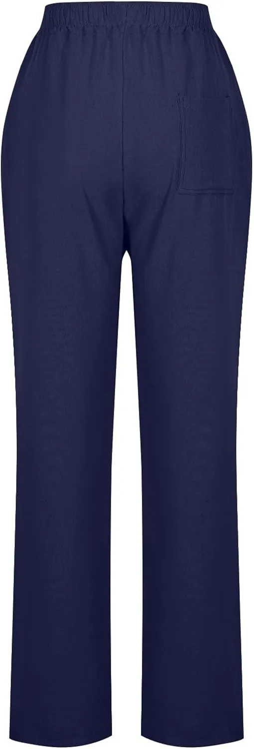 Womens Casual Linen High Waist Pants Drawstring Loose Fit Summer Slacks Solid Lounge Trousers with Side Pockets