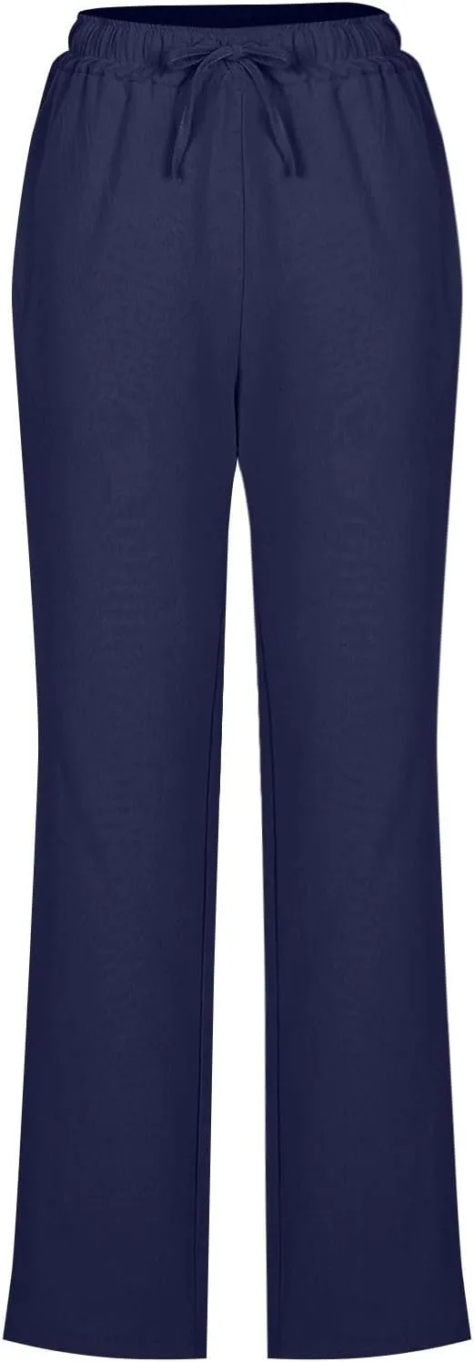 Womens Casual Linen High Waist Pants Drawstring Loose Fit Summer Slacks Solid Lounge Trousers with Side Pockets