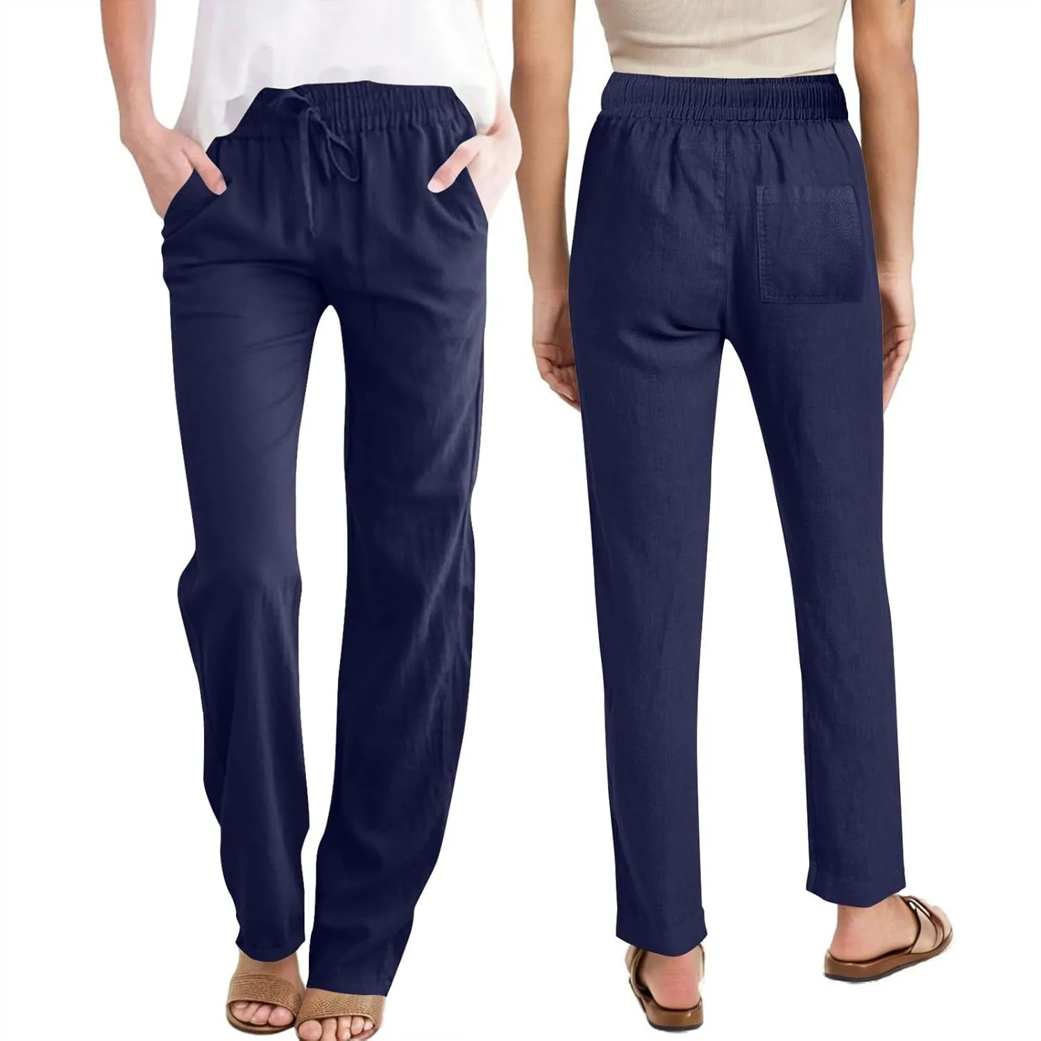 Womens Casual Linen High Waist Pants Drawstring Loose Fit Summer Slacks Solid Lounge Trousers with Side Pockets