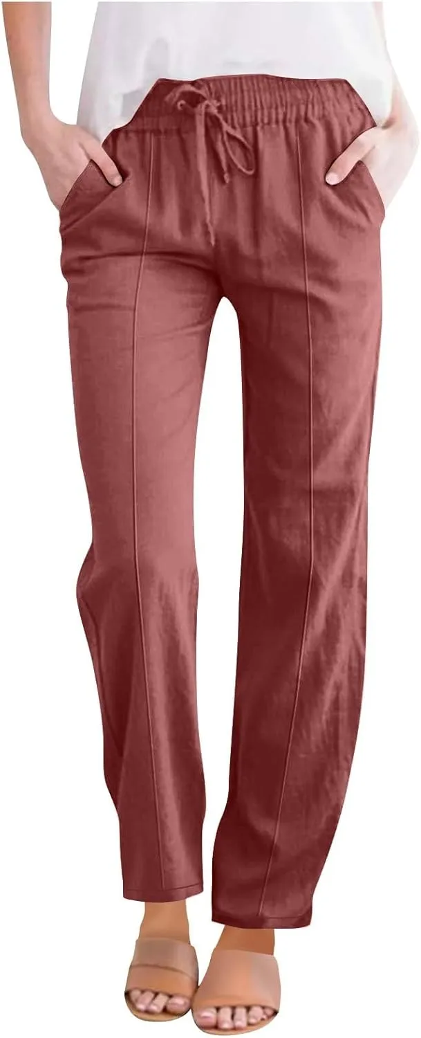 Womens Casual Linen Pants Summer Lightweight High Waist Loose Fit Lounge Pants Straight Leg Trousers with Pockets