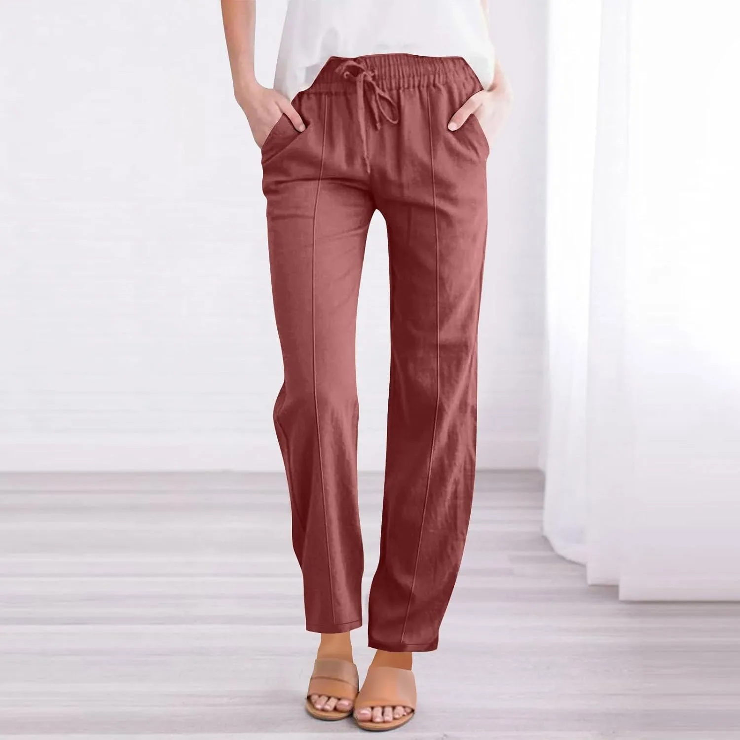 Womens Casual Linen Pants Summer Lightweight High Waist Loose Fit Lounge Pants Straight Leg Trousers with Pockets