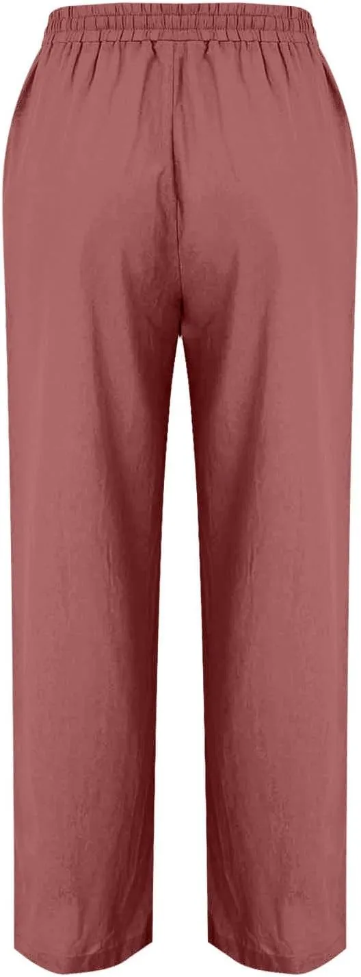 Womens Casual Linen Pants Summer Lightweight High Waist Loose Fit Lounge Pants Straight Leg Trousers with Pockets
